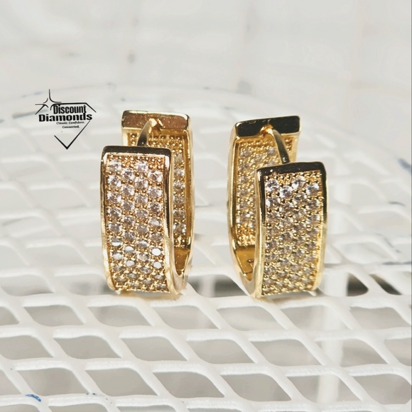 White Baguette Diamond Hoop Earrings 18K Gold on 925 Silver - Picture 13 of 15